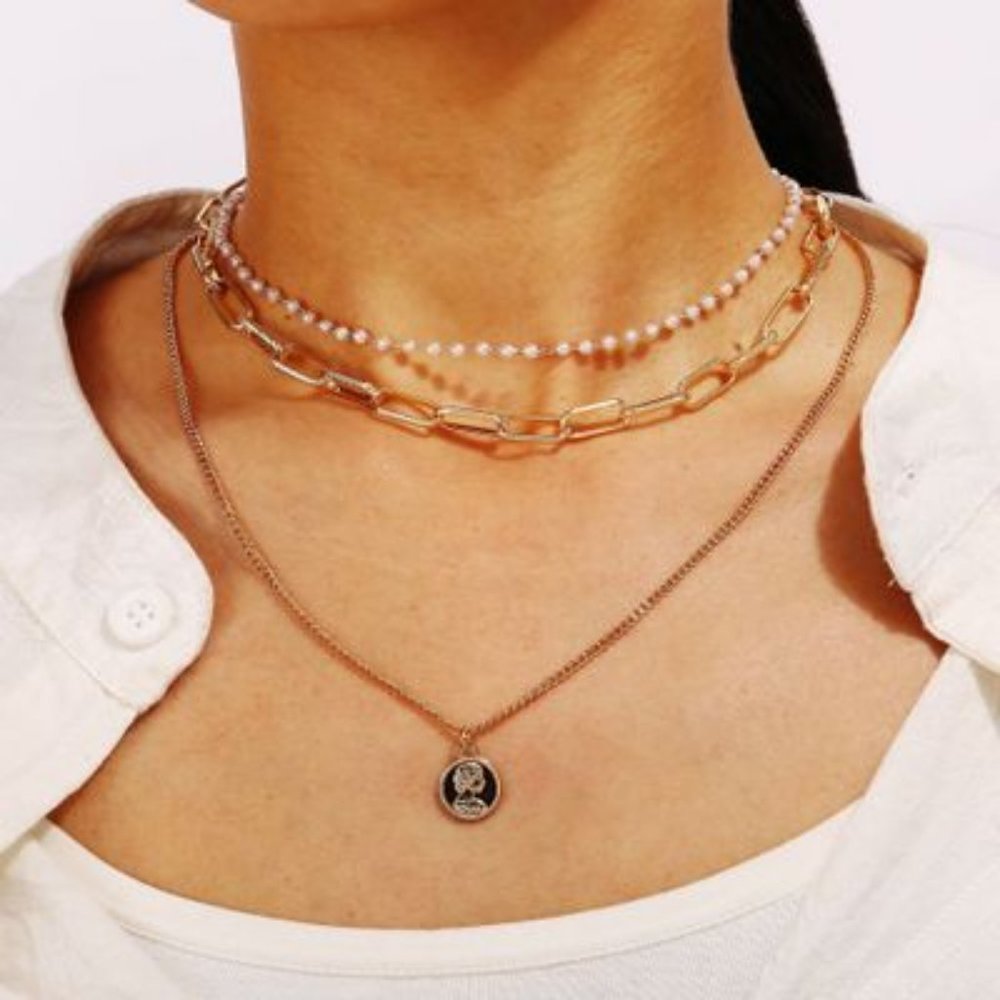 NEW Gold Triple Layer Coin Chain Pearl Necklace - Picture 2 of 9